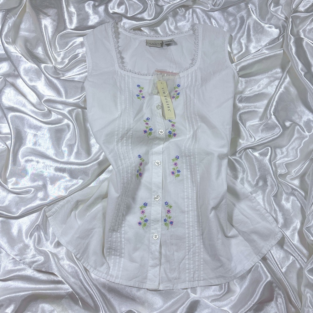 y2k Sleeveless Top White New Floral Embroidered Lace Trim Pintuck Kim Rogers